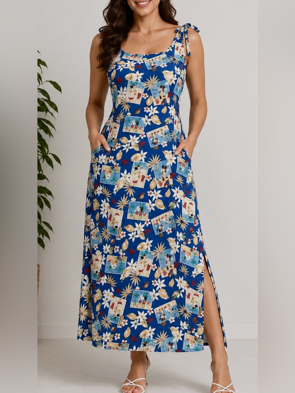 EUC Vintage Disney blue tropical Hawaiian maxi dress featuring Mickey & Minnie